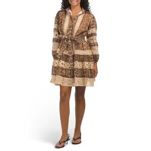 DALIA MACPHEE Brown Multi Long Sleeve Animal Print Lace Trim Mini Dress